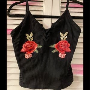 Black ribbed lace up Rose crop tank top embroider